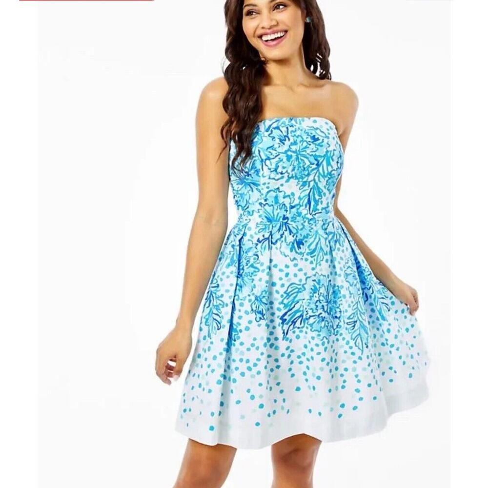 Lilly Pulitzer‎ Womens Kenzie Strapless Dress Size 0 Blue Banquet Tea Sorority